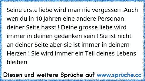 Seine erste liebe wird man nie vergessen .Auch wen du in 10 Jahren eine andere Person
an deiner Seite hasst ! Deine grosse liebe wird immer in deinen gedanken sein ! Sie ist nicht an deiner Seite aber sie ist immer in deinem Herzen ! Sie wird immer ein Teil deines Lebens bleiben ♥