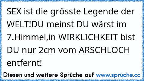 SEX ist die grösste Legende der WELT!DU meinst DU wärst im 7.Himmel,in WIRKLICHKEIT bist DU nur 2cm vom ARSCHLOCH entfernt!