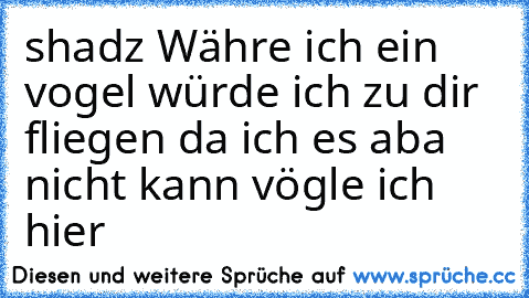 shadz Währe ich ein vogel würde ich zu dir fliegen da ich es aba nicht kann vögle ich hier