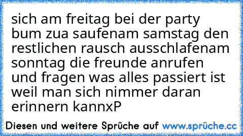 sich am freitag bei der party bum zua saufen
am samstag den restlichen rausch ausschlafen
am sonntag die freunde anrufen und fragen was alles passiert ist weil man sich nimmer daran erinnern kann
xP