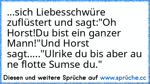 ...sich Liebesschwüre zuflüstert und sagt:
"Oh Horst!Du bist ein ganzer Mann!"
Und Horst sagt.....
"Ulrike du bis aber au ne flotte Sumse du."