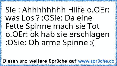 Sie : Ahhhhhhhh Hilfe o.O
Er: was Los ? :O
Sie: Da eine Fette Spinne mach sie Tot o.O
Er: ok hab sie erschlagen :O
Sie: Oh arme Spinne :(