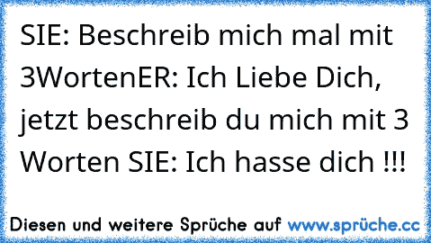 SIE: Beschreib mich mal mit 3Worten
ER: Ich Liebe Dich, jetzt beschreib du mich mit 3 Worten 
SIE: Ich hasse dich !!!