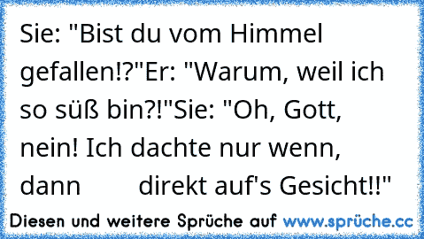 Sie: "Bist du vom Himmel gefallen!?"
Er: "Warum, weil ich so süß bin?!"
Sie: "Oh, Gott, nein! Ich dachte nur wenn, dann
        direkt auf's Gesicht!!"