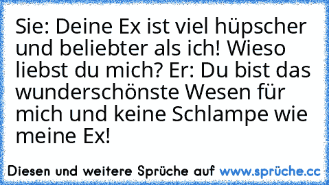 Sie: Deine Ex ist viel hüpscher und beliebter als ich! Wieso liebst du mich? Er: Du bist das wunderschönste Wesen für mich und keine Schlampe wie meine Ex!