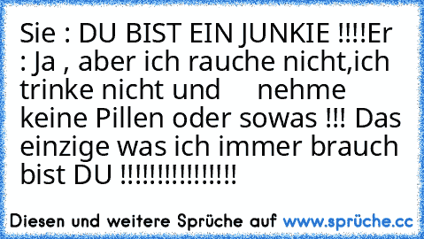 Sie : DU BIST EIN JUNKIE !!!!
Er : Ja , aber ich rauche nicht,ich trinke nicht und     nehme keine Pillen oder sowas !!! Das einzige was ich immer brauch bist DU !!!!!!!!!!!!!!!!