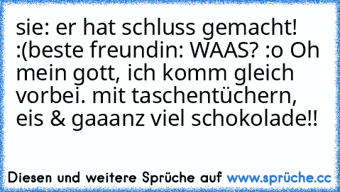 sie: er hat schluss gemacht! :(
beste freundin: WAAS? :o Oh mein gott, ich komm gleich vorbei. mit taschentüchern, eis & gaaanz viel schokolade!!