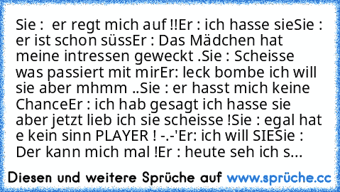 Sie :  er regt mich auf !!
Er : ich hasse sie
Sie : er ist schon süss
Er : Das Mädchen hat meine intressen geweckt .
Sie : Scheisse was passiert mit mir
Er: leck bombe ich will sie aber mhmm ..
Sie : er hasst mich keine Chance
Er : ich hab gesagt ich hasse sie aber jetzt lieb ich sie scheisse !
Sie : egal hat e kein sinn PLAYER ! -.-'
Er: ich will SIE
Sie : Der kann mich mal !
Er : heute seh ich s...