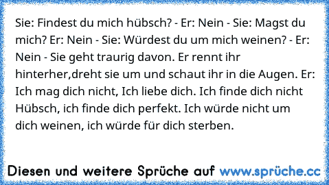 Sie: Findest du mich hübsch? - Er: Nein - Sie: Magst du mich? Er: Nein - Sie: Würdest du um mich weinen? - Er: Nein - Sie geht traurig davon. Er rennt ihr hinterher,dreht sie um und schaut ihr in die Augen. Er: Ich mag dich nicht, Ich liebe dich. Ich finde dich nicht Hübsch, ich finde dich perfekt. Ich würde nicht um dich weinen, ich würde für dich sterben.