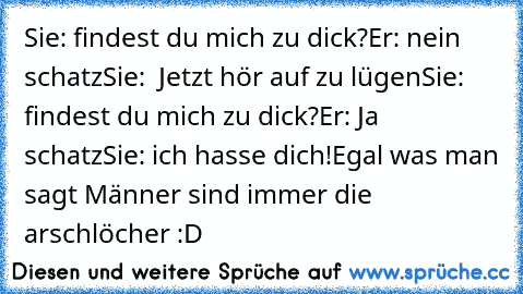 Sie: findest du mich zu dick?
Er: nein schatz
Sie:  Jetzt hör auf zu lügen
Sie: findest du mich zu dick?
Er: Ja schatz
Sie: ich hasse dich!
Egal was man sagt Männer sind immer die arschlöcher :D