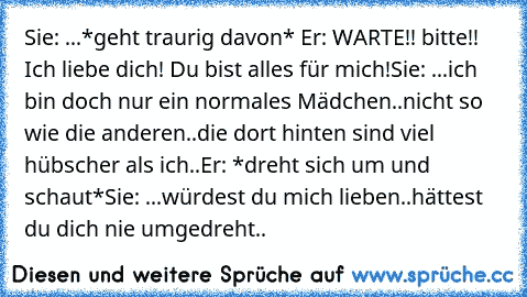 Sie: ...*geht traurig davon*
 Er: WARTE!! bitte!! Ich liebe dich! Du bist alles für mich!
Sie: ...ich bin doch nur ein normales Mädchen..nicht so wie die anderen..die dort hinten sind viel hübscher als ich..
Er: *dreht sich um und schaut*
Sie: ...würdest du mich lieben..hättest du dich nie umgedreht..