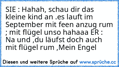 SIE : Hahah, schau dir das kleine kind an .
es lauft im September mit feen anzug rum ; mit flügel unso hahaaa 
ER : Na und ,du läufst doch auch mit flügel rum ,Mein Engel ♥