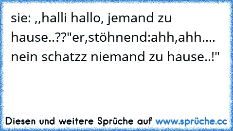 sie: ,,halli hallo, jemand zu hause..??"
er,stöhnend:ahh,ahh.... nein schatzz niemand zu hause..!"