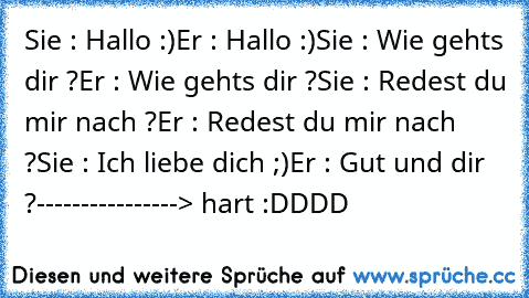 Sie : Hallo :)
Er : Hallo :)
Sie : Wie gehts dir ?
Er : Wie gehts dir ?
Sie : Redest du mir nach ?
Er : Redest du mir nach ?
Sie : Ich liebe dich ;)
Er : Gut und dir ?
----------------> hart :DDDD