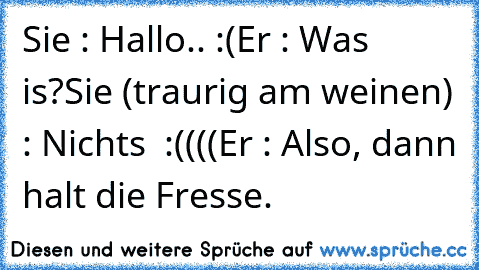 Sie : Hallo.. :(
Er : Was is?
Sie (traurig am weinen) : Nichts  :((((
Er : Also, dann halt die Fresse.