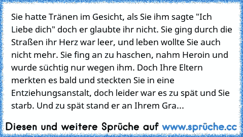 Sie hatte Tränen im Gesicht, als Sie ihm sagte "Ich Liebe dich" doch er glaubte ihr nicht. Sie ging durch die Straßen ihr Herz war leer, und leben wollte Sie auch nicht mehr. Sie fing an zu haschen, nahm Heroin und wurde süchtig nur wegen ihm. Doch Ihre Eltern merkten es bald und steckten Sie in eine Entziehungsanstalt, doch leider war es zu spät und Sie starb. Und zu spät stand er an Ihrem Grab u...