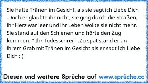 Sie hatte Tränen im Gesicht, als sie sagt ich Liebe Dich .Doch er glaubte ihr nicht, sie ging durch die Straßen, ihr Herz war leer und ihr Leben wollte sie nicht mehr. Sie stand auf den Schienen und hörte den Zug kommen. " Ihr Todesschrei " .Zu spät stand er an ihrem Grab mit Tränen im Gesicht als er sagt Ich Liebe Dich :'(