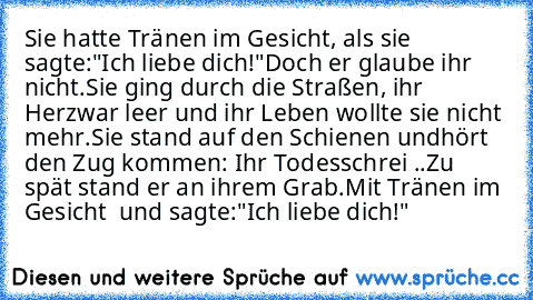 Sie hatte Tränen im Gesicht, als sie sagte:
"Ich liebe dich!"
Doch er glaube ihr nicht.
Sie ging durch die Straßen, ihr Herz
war leer und ihr Leben wollte sie nicht mehr.
Sie stand auf den Schienen und
hört den Zug kommen: Ihr Todesschrei ..
Zu spät stand er an ihrem Grab.
Mit Tränen im Gesicht  und sagte:
"Ich liebe dich!"