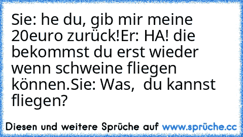 Sie: he du, gib mir meine 20euro zurück!
Er: HA! die bekommst du erst wieder wenn schweine fliegen können.
Sie: Was,  du kannst fliegen?