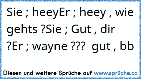 Sie ; heey
Er ; heey , wie gehts ?
Sie ; Gut , dir ?
Er ; wayne ???  gut , bb 
♥