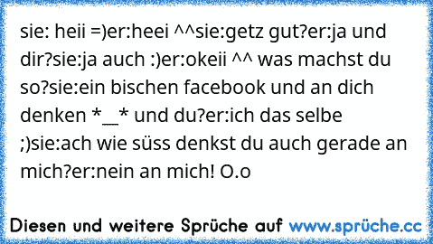 sie: heii =)
er:heei ^^
sie:getz gut?
er:ja und dir?
sie:ja auch :)
er:okeii ^^ was machst du so?
sie:ein bischen facebook und an dich denken *__* und du?
er:ich das selbe ;)
sie:ach wie süss denkst du auch gerade an mich?
er:nein an mich! O.o