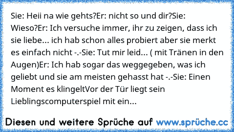 Sie: Heii na wie gehts?
Er: nicht so und dir?
Sie: Wieso?
Er: Ich versuche immer, ihr zu zeigen, dass ich sie liebe... ich hab schon alles probiert aber sie merkt es einfach nicht -.-
Sie: Tut mir leid... ( mit Tränen in den Augen)
Er: Ich hab sogar das weggegeben, was ich geliebt und sie am meisten gehasst hat -.-
Sie: Einen Moment es klingelt
Vor der Tür liegt sein Lieblingscomputerspiel mit ein...