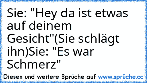 Sie: "Hey da ist etwas auf deinem Gesicht"
(Sie schlägt ihn)
Sie: "Es war Schmerz"