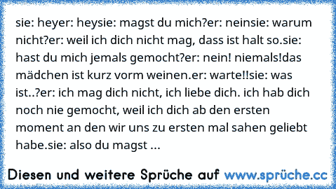 sie: hey
er: hey
sie: magst du mich?
er: nein
sie: warum nicht?
er: weil ich dich nicht mag, dass ist halt so.
sie: hast du mich jemals gemocht?
er: nein! niemals!
das mädchen ist kurz vorm weinen.
er: warte!!
sie: was ist..?
er: ich mag dich nicht, ich liebe dich. ich hab dich noch nie gemocht, weil ich dich ab den ersten moment an den wir uns zu ersten mal sahen geliebt habe.
sie: also du magst ...