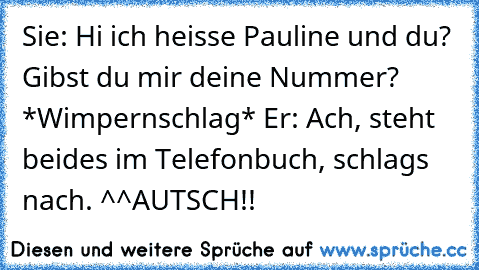 Sie: Hi ich heisse Pauline und du? Gibst du mir deine Nummer? *Wimpernschlag* ♥
Er: Ach, steht beides im Telefonbuch, schlags nach. ^^
AUTSCH!!