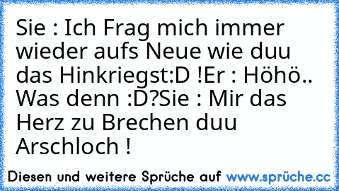 Sie : Ich Frag mich immer wieder aufs Neue wie duu das Hinkriegst:D !
Er : Höhö.. Was denn :D?
Sie : Mir das Herz zu Brechen duu Arschloch !