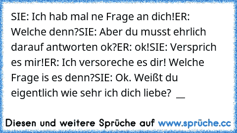 SIE: Ich hab mal ne Frage an dich!
ER: Welche denn?
SIE: Aber du musst ehrlich darauf antworten ok?
ER: ok!
SIE: Versprich es mir!
ER: Ich versoreche es dir! Welche Frage is es denn?
SIE: Ok. Weißt du eigentlich wie sehr ich dich liebe? ♥ __ ♥