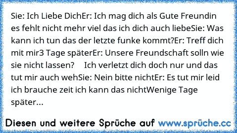 Sie: Ich Liebe Dich♥
Er: Ich mag dich als Gute Freundin es fehlt nicht mehr viel das ich dich auch liebe
Sie: Was kann ich tun das der letzte funke kommt?
Er: Treff dich mit mir
3 Tage später
Er: Unsere Freundschaft solln wie sie nicht lassen?
     Ich verletzt dich doch nur und das tut mir auch weh
Sie: Nein bitte nicht
Er: Es tut mir leid ich brauche zeit ich kann das nicht
Wenige Tage später...