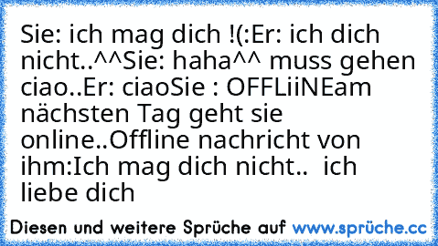 Sie: ich mag dich !(:
Er: ich dich nicht..^^
Sie: haha^^ muss gehen ciao..
Er: ciao
Sie : OFFLiiNE
am nächsten Tag geht sie online..
Offline nachricht von ihm:
Ich mag dich nicht..  ich liebe dich ♥