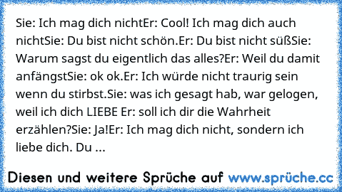 Sie: Ich mag dich nicht
Er: Cool! Ich mag dich auch nicht
Sie: Du bist nicht schön.
Er: Du bist nicht süß
Sie: Warum sagst du eigentlich das alles?
Er: Weil du damit anfängst
Sie: ok ok.
Er: Ich würde nicht traurig sein wenn du stirbst.
Sie: was ich gesagt hab, war gelogen, weil ich dich LIEBE ♥
Er: soll ich dir die Wahrheit erzählen?
Sie: Ja!
Er: Ich mag dich nicht, sondern ich liebe dich. Du ...