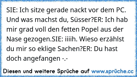 SIE: Ich sitze gerade nackt vor dem PC. Und was machst du, Süsser?
ER: Ich hab mir grad voll den fetten Popel aus der Nase gezogen.
SIE: iiiih. Wieso erzählst du mir so eklige Sachen?
ER: Du hast doch angefangen -.-