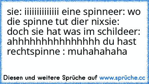 sie: iiiiiiiiiiiiii eine spinne
er: wo die spinne tut dier nix
sie: doch sie hat was im schilde
er: ahhhhhhhhhhhhhhh du hast recht
spinne : muhahahaha