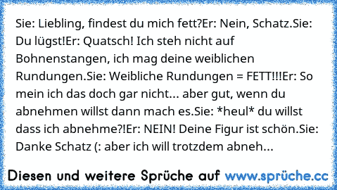 Sie: Liebling, findest du mich fett?
Er: Nein, Schatz.
Sie: Du lügst!
Er: Quatsch! Ich steh nicht auf Bohnenstangen, ich mag deine weiblichen Rundungen.
Sie: Weibliche Rundungen = FETT!!!
Er: So mein ich das doch gar nicht... aber gut, wenn du abnehmen willst dann mach es.
Sie: *heul* du willst dass ich abnehme?!
Er: NEIN! Deine Figur ist schön.
Sie: Danke Schatz (: aber ich will trotzdem abneh...