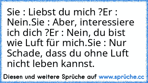 Sie : Liebst du mich ?
Er : Nein.
Sie : Aber, interessiere ich dich ?
Er : Nein, du bist wie Luft für mich.
Sie : Nur Schade, dass du ohne Luft nicht leben kannst.