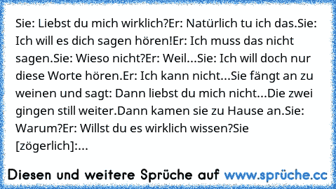 Sie: Liebst du mich wirklich?
Er: Natürlich tu ich das.
Sie: Ich will es dich sagen hören!
Er: Ich muss das nicht sagen.
Sie: Wieso nicht?
Er: Weil...
Sie: Ich will doch nur diese Worte hören.
Er: Ich kann nicht...
Sie fängt an zu weinen und sagt: Dann liebst du mich nicht...
Die zwei gingen still weiter.
Dann kamen sie zu Hause an.
Sie: Warum?
Er: Willst du es wirklich wissen?
Sie [zögerlich]:...