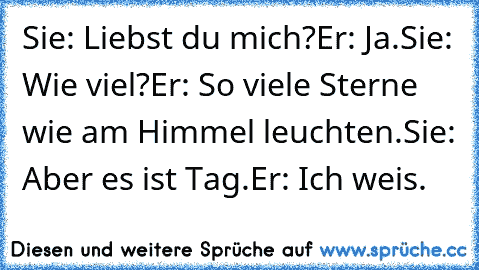 Sie: Liebst du mich?
Er: Ja.
Sie: Wie viel?
Er: So viele Sterne wie am Himmel leuchten.
Sie: Aber es ist Tag.
Er: Ich weis.