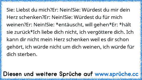 Sie: Liebst du mich?
Er: Nein!
Sie: Würdest du mir dein Herz schenken?
Er: Nein!
Sie: Würdest du für mich weinen?
Er: Nein!
Sie: *entäuscht, will gehen*
Er: *hält sie zurück*
Ich liebe dich nicht, ich vergöttere dich. Ich kann dir nicht mein Herz schenken weil es dir schon gehört, ich würde nicht um dich weinen, ich würde für dich sterben.