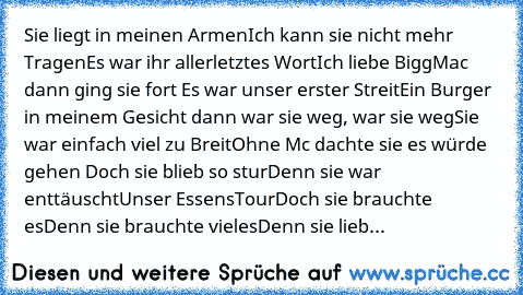 Sie liegt in meinen Armen
Ich kann sie nicht mehr Tragen
Es war ihr allerletztes Wort
Ich liebe BiggMac dann ging sie fort 
Es war unser erster Streit
Ein Burger in meinem Gesicht dann war sie weg, ’war sie weg’
Sie war einfach viel zu Breit
Ohne Mc dachte sie es würde gehen 
Doch sie blieb so stur
Denn sie war enttäuscht
Unser EssensTour
Doch sie brauchte es
Denn sie brauchte vieles
Denn sie l...