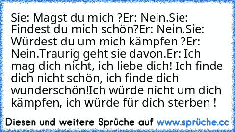 Sie: Magst du mich ?
Er: Nein.
Sie: Findest du mich schön?
Er: Nein.
Sie: Würdest du um mich kämpfen ?
Er: Nein.
Traurig geht sie davon.
Er: Ich mag dich nicht, ich liebe dich! Ich finde dich nicht schön, ich finde dich wunderschön!Ich würde nicht um dich kämpfen, ich würde für dich sterben !