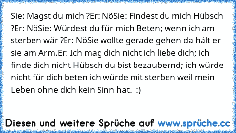 Sie: Magst du mich ?
Er: Nö
Sie: Findest du mich Hübsch ?
Er: Nö
Sie: Würdest du für mich Beten; wenn ich am sterben wär ?
Er: Nö
Sie wollte gerade gehen da hält er sie am Arm.
Er: Ich mag dich nicht ich liebe dich; ich finde dich nicht Hübsch du bist bezaubernd; ich würde nicht für dich beten ich würde mit sterben weil mein Leben ohne dich kein Sinn hat. ♥ :)