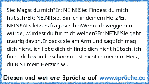 Sie: Magst du mich?
Er: NEIN!!
Sie: Findest du mich hübsch?
ER: NEIN!!
Sie: Bin ich in deinem Herz?
Er: NEIN!!
ALs letztes fragt sie ihn:
Wenn ich weggehen würde, würdest du für mich weinen?
Er: NEIN!!
Sie geht traurig davon.
Er packt sie am Arm und sagt:
Ich mag dich nicht, ich liebe dich
ich finde dich nicht hübsch, ich finde dich wunderschön
du bist nicht in meinem Herz, du BIST mein Herz
ich w...