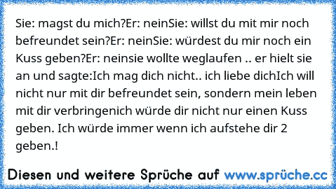 Sie: magst du mich?
Er: nein
Sie: willst du mit mir noch befreundet sein?
Er: nein
Sie: würdest du mir noch ein Kuss geben?
Er: nein
sie wollte weglaufen .. er hielt sie an und sagte:
Ich mag dich nicht.. ich liebe dich
Ich will nicht nur mit dir befreundet sein, sondern mein leben mit dir verbringen
ich würde dir nicht nur einen Kuss geben. Ich würde immer wenn ich aufstehe dir 2 geben.!