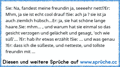 Sie: Na, fandest meine freundin ja, seeeehr nett!?
Er: Mhm, ja sie ist echt cool drauf !
Sie: ach ja ? sie ist ja auch ziemlich hübsch...
Er: ja, sie hat schöne lange haare.
Sie: mhm... , und warum hat sie einmal so das gesicht verzogen und gelächelt und gesagt, 'och wie süß'... ?
Er: hab ihr etwas erzählt !
Sie: ... und was genau ?
Er: dass ich die süßeste, und netteste, und tollste freundin m...