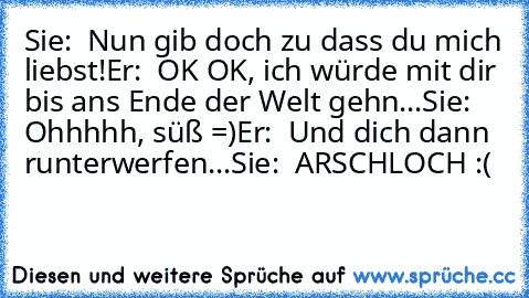 Sie:  Nun gib doch zu dass du mich liebst!
Er:  OK OK, ich würde mit dir bis ans Ende der Welt gehn...
Sie: Ohhhhh, süß =)
Er:  Und dich dann runterwerfen...
Sie:  ARSCHLOCH :(