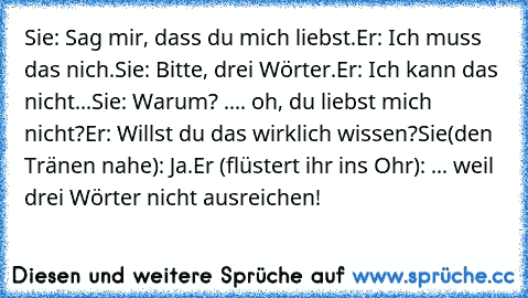 Sie: Sag mir, dass du mich liebst.
Er: Ich muss das nich.
Sie: Bitte, drei Wörter.
Er: Ich kann das nicht...
Sie: Warum? .... oh, du liebst mich nicht?
Er: Willst du das wirklich wissen?
Sie(den Tränen nahe): Ja.
Er (flüstert ihr ins Ohr): ... weil drei Wörter nicht ausreichen!