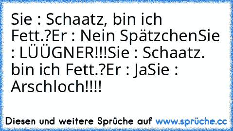 Sie : Schaatz, bin ich Fett.?
Er : Nein Spätzchen
Sie : LÜÜGNER!!!
Sie : Schaatz. bin ich Fett.?
Er : Ja
Sie : Arschloch!!!!